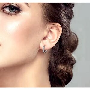 NEW White Gold-Plated S925‎ Simulated Diamond Heart Hoop Earrings, 14mm